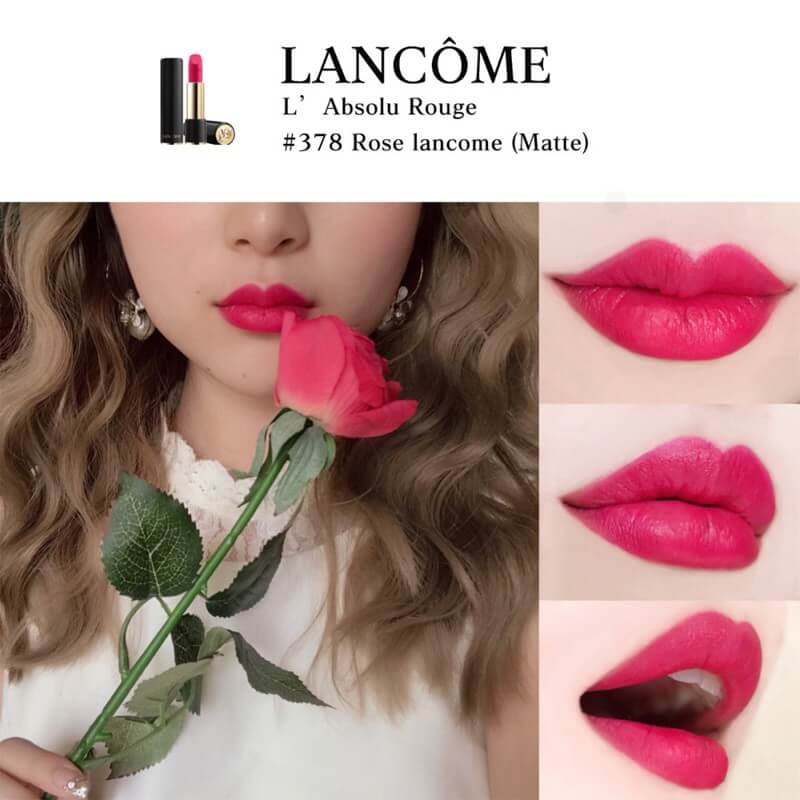 Lancome Teint Idole Ultra Wear ลิปสติกเนื้อแมทที่มาพร้อมสีสันสุดเจิดจ้า ติดทนนานถึง 8 ชั่วโมง อุดมคุณค่าจากวิตามินอีที่ช่วยคงความเนียนนุ่มชุ่มชื่นให้ริมฝีปากได้ยาวนานตลอดวัน  แพ็คเก็จจิ้งแสนหรูหร สีดำทอง เบอร์ 378 Rose lancome (Matte)